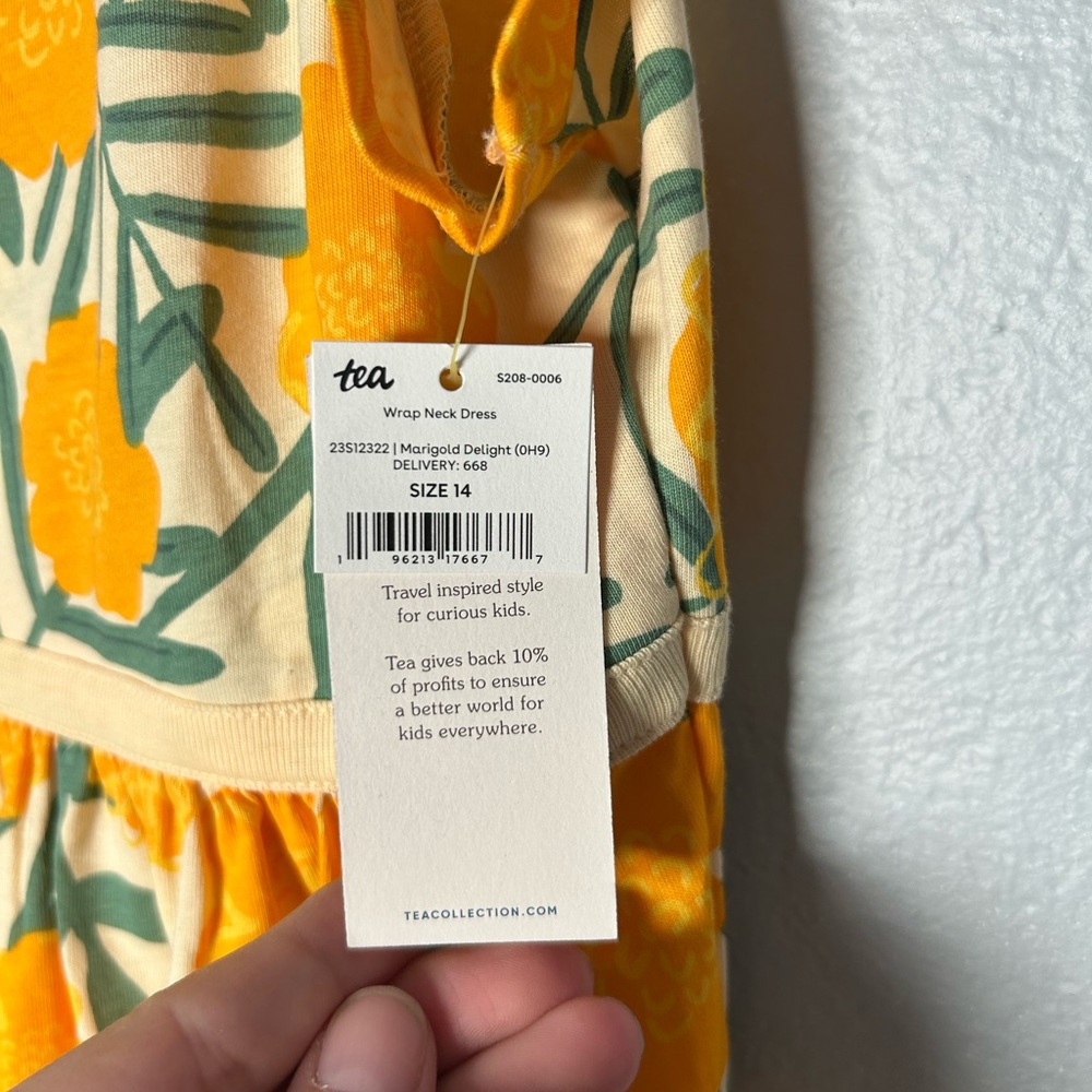 Tea Collection Wrap Neck Marigold Delight Yellow Floral Midi Dress cotton - Picture 5 of 12